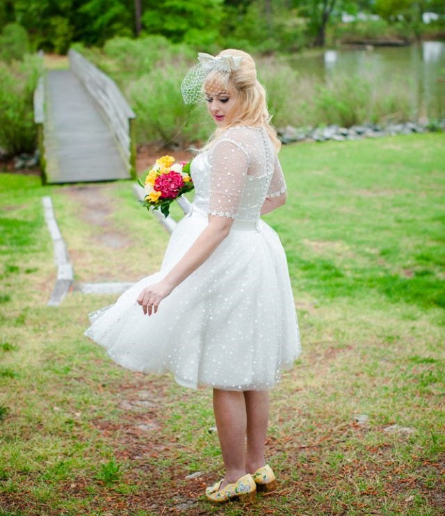 Pinup Swiss Dot Short Wedding Dress with 3/4 Sleeves - DollyGown