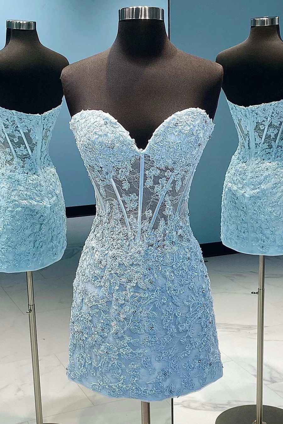 Plus Size Lace Light Blue Homecoming Dress for Curvy Girl - DollyGown