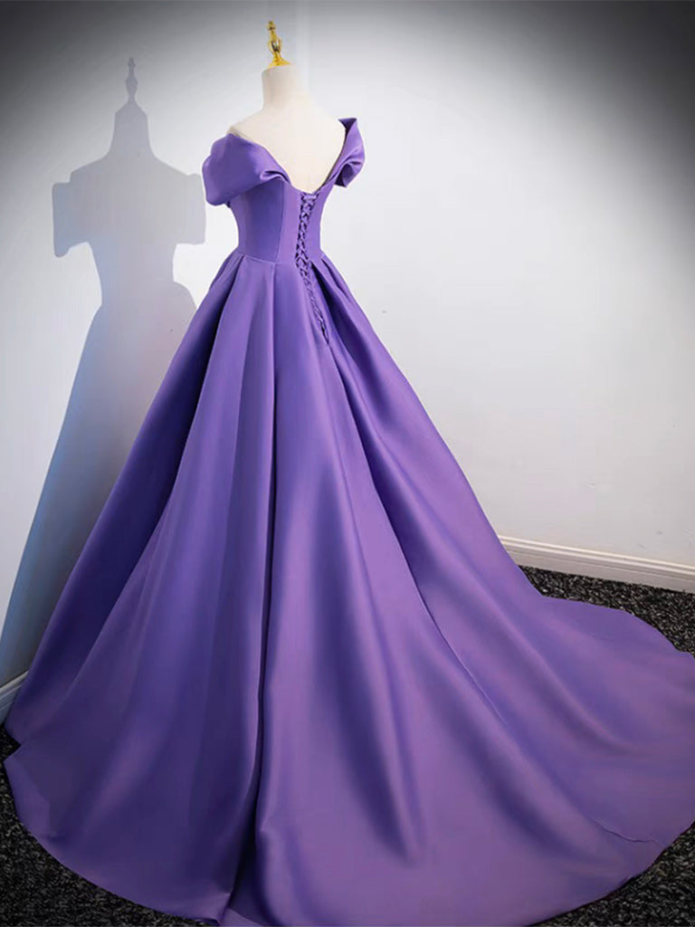 Twist-Front off Shoulder Satin Purple Ball Gown Prom Dress