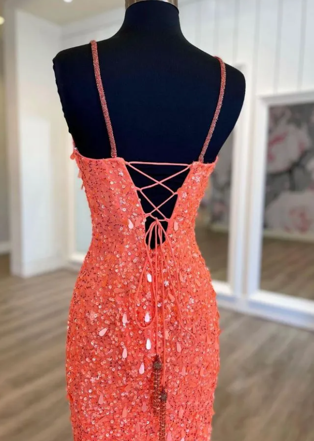 Glitter Coral Sequined Prom Dress Long Formal Gown with Slit Detailing Glitter Coral Sequined Prom Dress Long Formal Gown with Slit Detailing