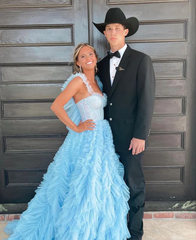 Light Sky Blue Tulle Princess Ruffle Straps Long Prom Dress