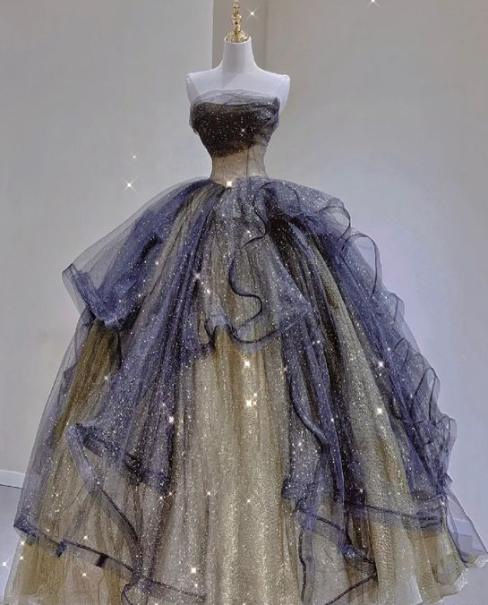 Elegant Sparkle Ruffle Tulle Long Ball Gown Prom Dresses