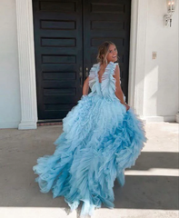 Light Sky Blue Tulle Princess Ruffle Straps Long Prom Dress