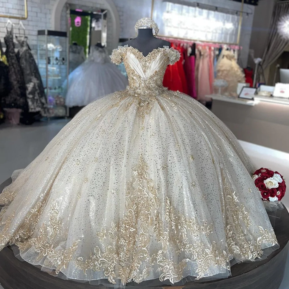 Sparkly Off Shoulder Champagne Quinceanera Dress Party Ball Gown Elegant