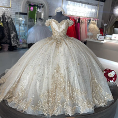 Sparkly Off Shoulder Champagne Quinceanera Dress Party Ball Gown Elegant