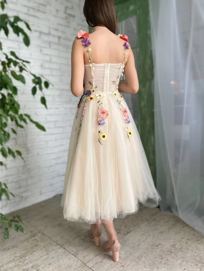 Light Champagne Formal Evening Gown with Colorful Pattern and Straps