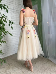 Light Champagne Formal Evening Gown with Colorful Pattern and Straps