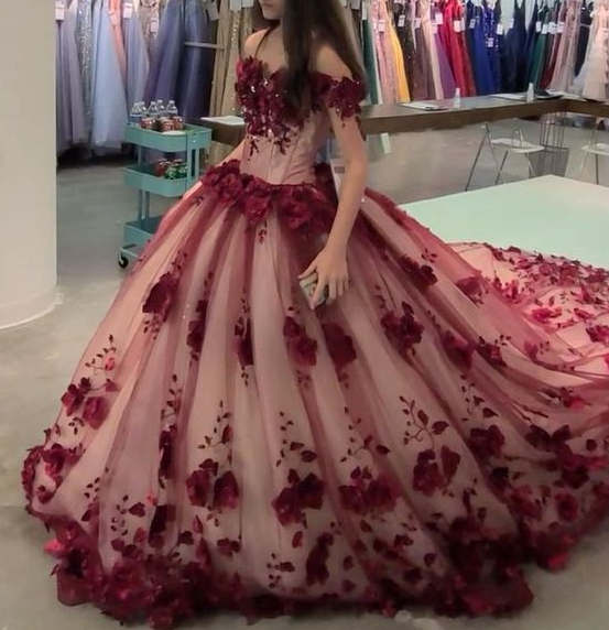 Wine Quince Tulle Ball Gown Prom Dress with Train