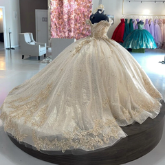 Sparkly Off Shoulder Champagne Quinceanera Dress Party Ball Gown Elegant