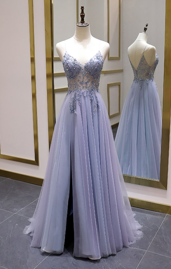  Sparkly A-Line Spaghetti Straps Long Prom Evening Party Dress