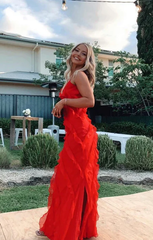 Elegant Red Ruffles Long Formal Evening Dress For Women 