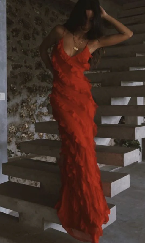 Elegant Red Ruffles Long Formal Evening Dress