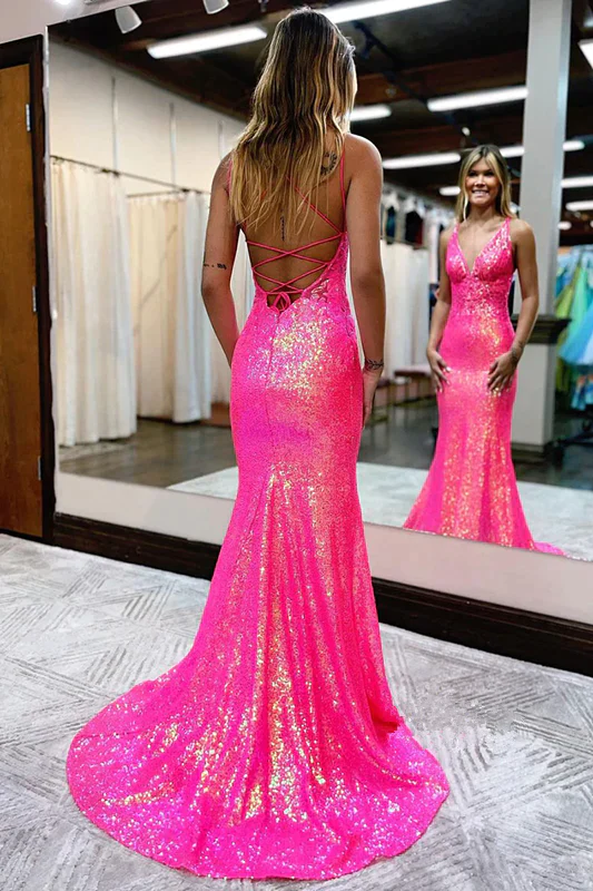 Sequin Hot Pink Long Sexy Prom Dress with Low Back Sequin Hot Pink Long Sexy Prom Dress with Low Back