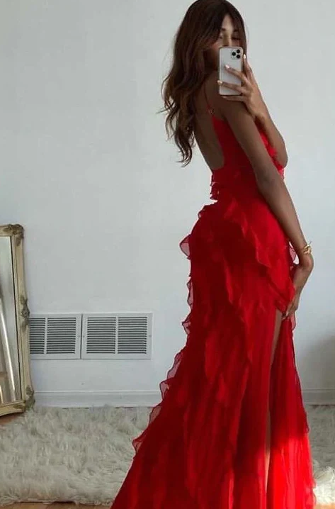 Elegant Red Ruffles Long Formal Evening Dress For Women 