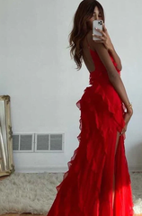 Elegant Red Ruffles Long Formal Evening Dress For Women 