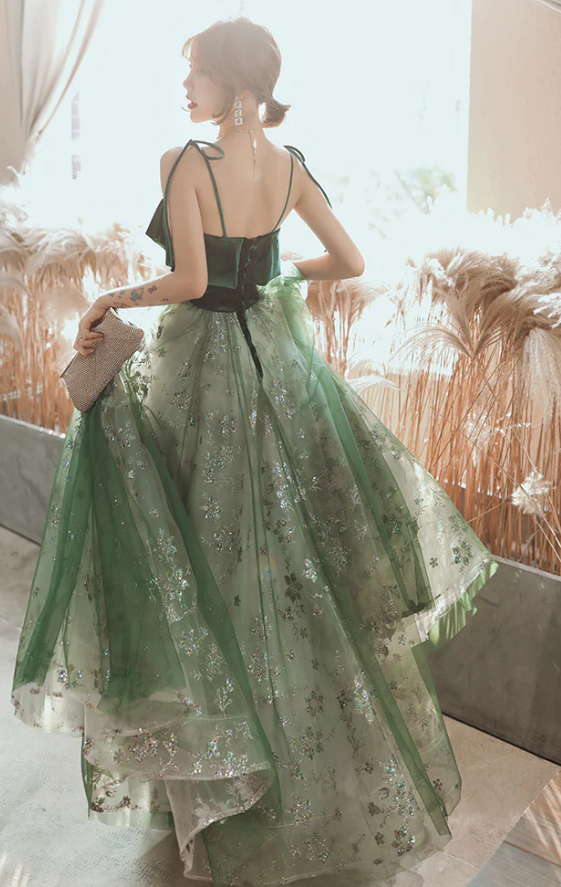 Dark Green Velvet Party Strap Prom Evening Gown Dress