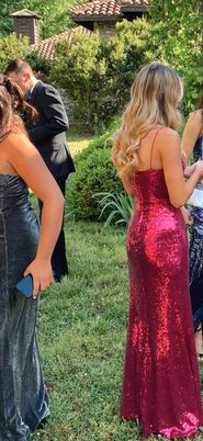 Hot Pink Sequin Long Prom Party Evening Dresses With Slit 