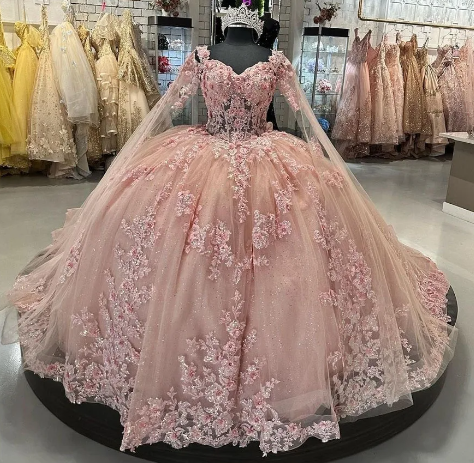 Pink Quinceanera Ball Gown Dresses with Cape and Flower Details