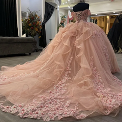 Beautiful Pink Lace Long Prom Ball Gown Sweet 16 Dresses