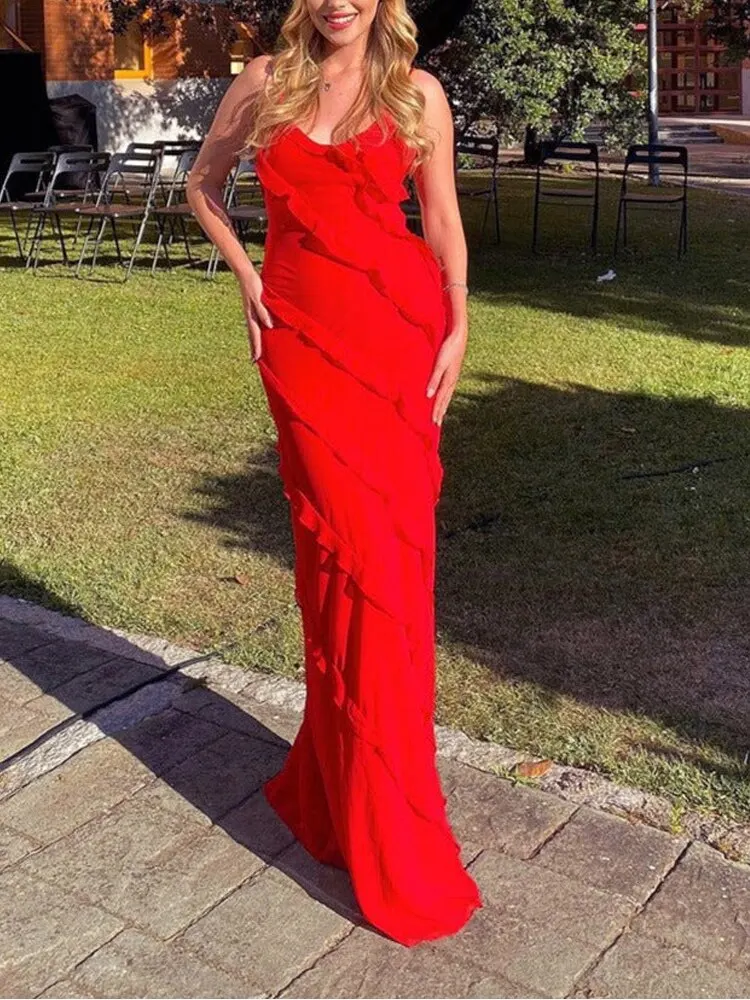 Elegant Red Ruffles Long Formal Evening Dress For Women 