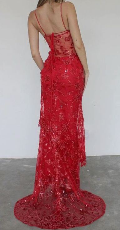 Red Lace Prom Dresses Spaghetti Straps Birthday Party Gowns for Women