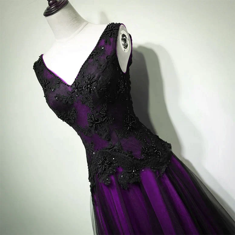 Stunning Purple Black Tulle V Neckline Beaded Prom Dress For Women
