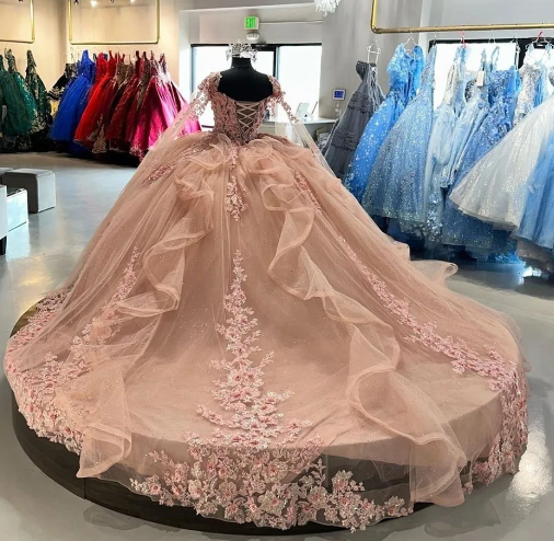 Pink Quinceanera Ball Gown Dresses with Cape and Flower Details Pink Quinceanera Ball Gown Dresses with Cape and Flower Details