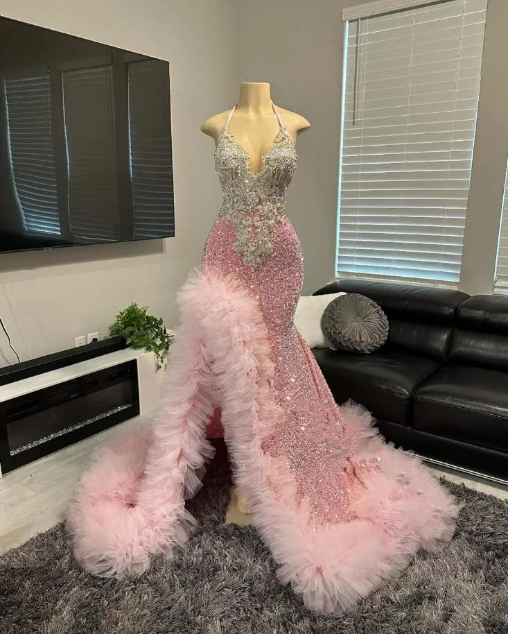 Gorgeous Pink Mermaid Prom Dress for Women Sparkly Crystal Ruffles Velvet Gorgeous Pink Mermaid Prom Dress for Women Sparkly Crystal Ruffles Velvet