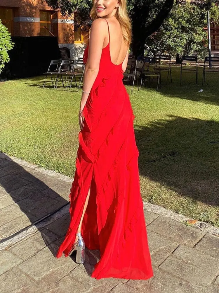 Elegant Red Ruffles Long Formal Evening Dress For Women 