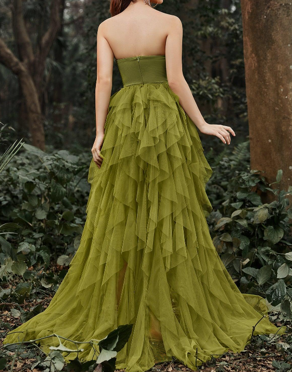 Lace Bodice Tulle Split Ruffle Layered Hem Prom Dress