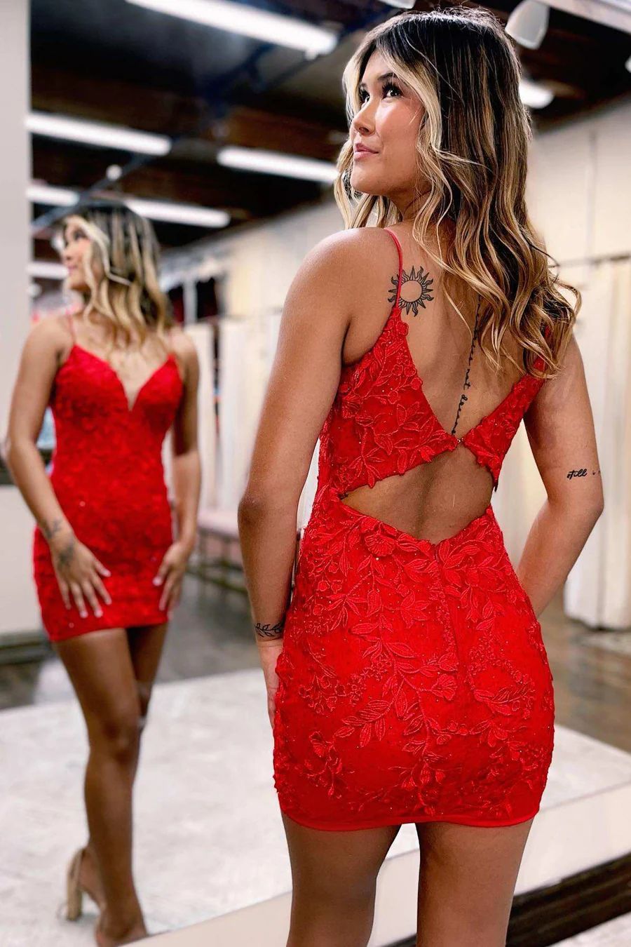Red Lace Tight Fit Black Girl Slays Homecoming Dress - DollyGown