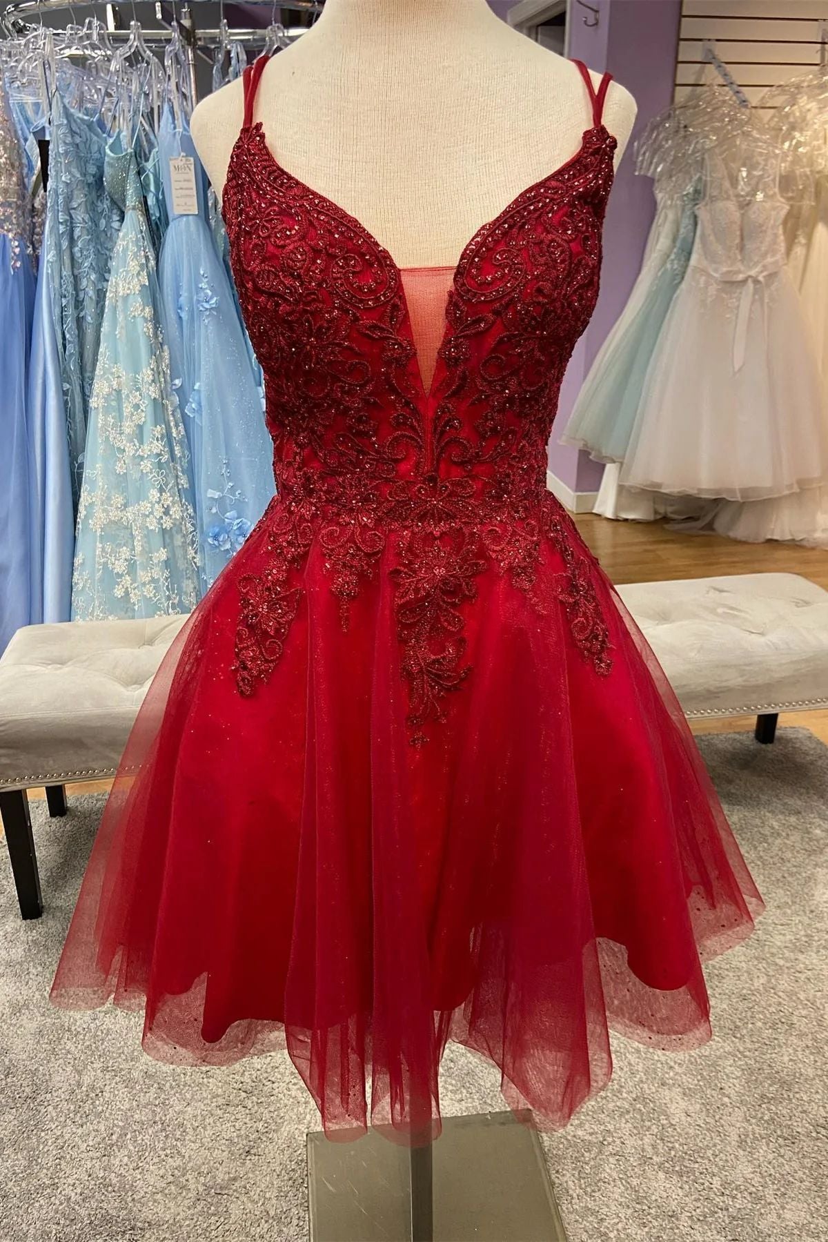 Red Plunge V neck Lace Top Homecoming Dress - DollyGown