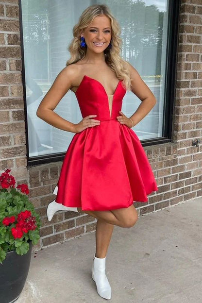 Red Satin Plunge-V neck Homecoming Dress - DollyGown
