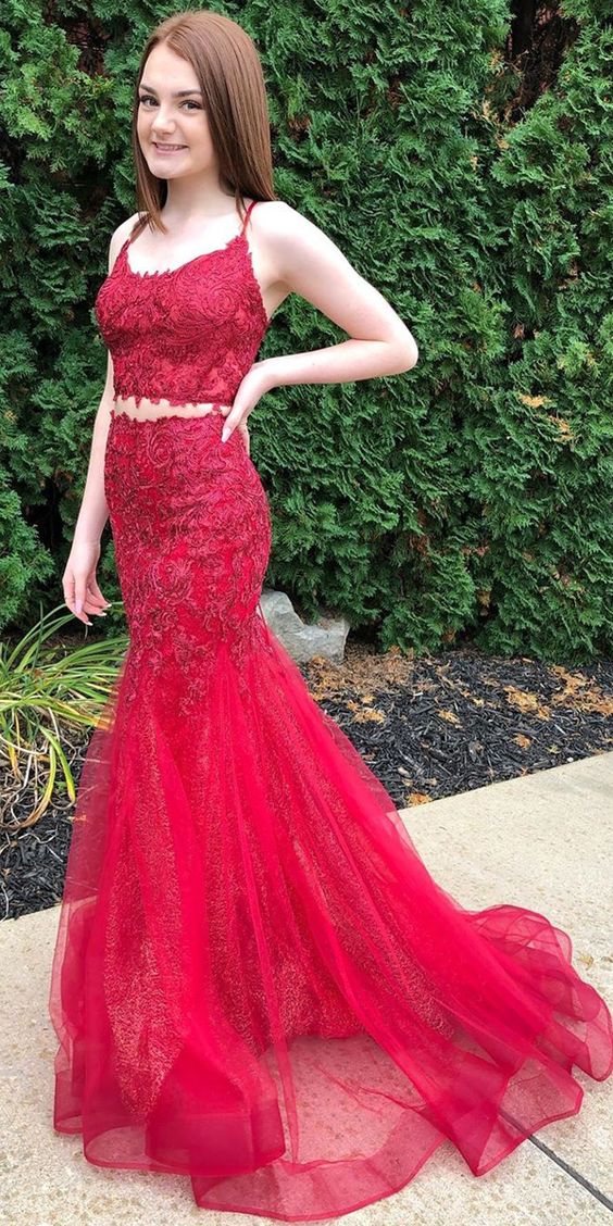 Simple Red Satin Square Neck Spaghetti Strap Prom Dress - VQ