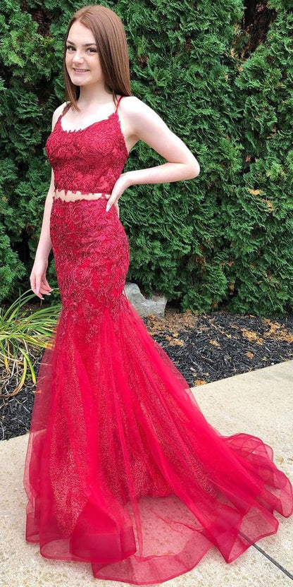 Red Spaghetti Strap Lace Tulle Two Piece Long Prom Dress - DollyGown