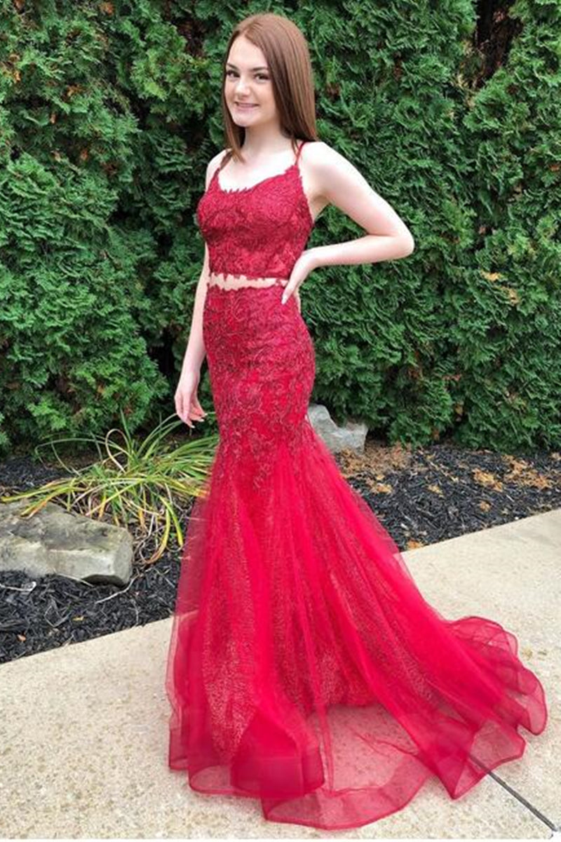 Red Spaghetti Strap Lace Tulle Two Piece Long Prom Dress