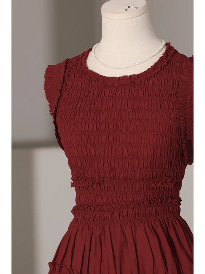 Retro Style Burgundy Sleeveless Midi Dress - DollyGown