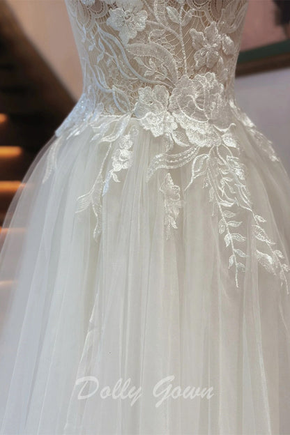 Romantic Boat Neck Sheer Lace Top A-line Tulle Wedding Dress - DollyGown