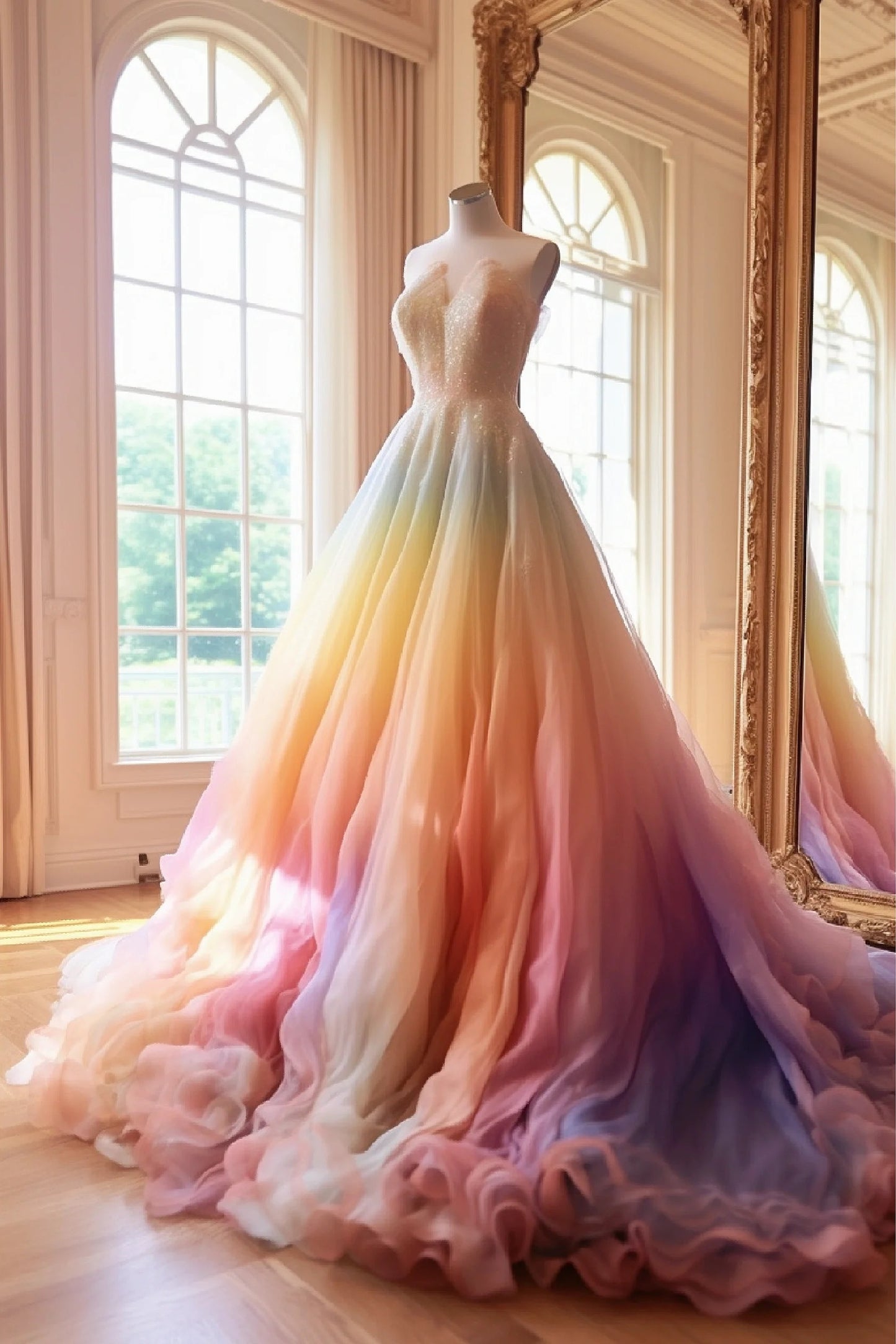 Romantic Dip Dye Rainbow Colored Wedding Dress - DollyGown