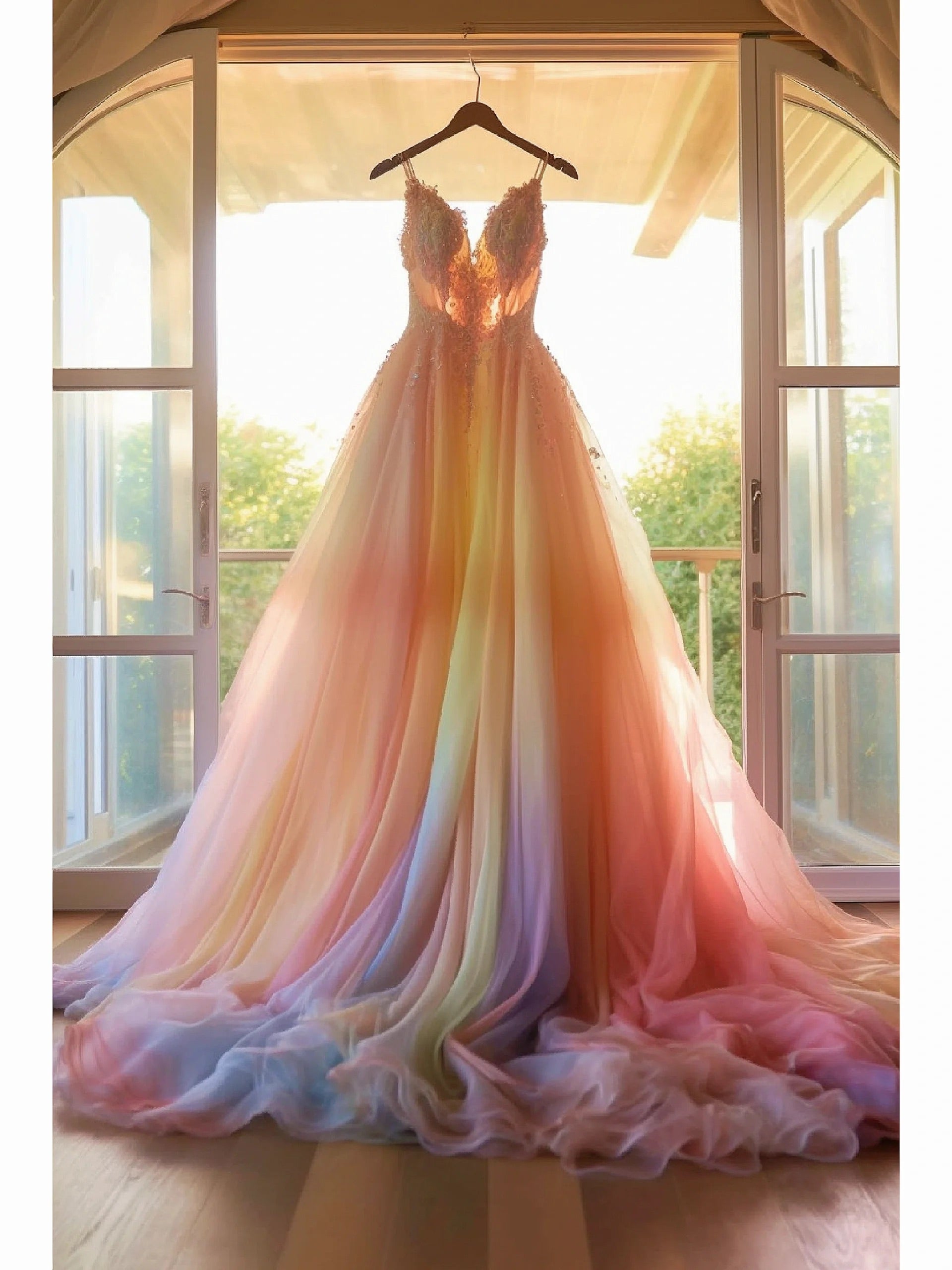 Romantic Dip Dye Rainbow Colored Wedding Dress