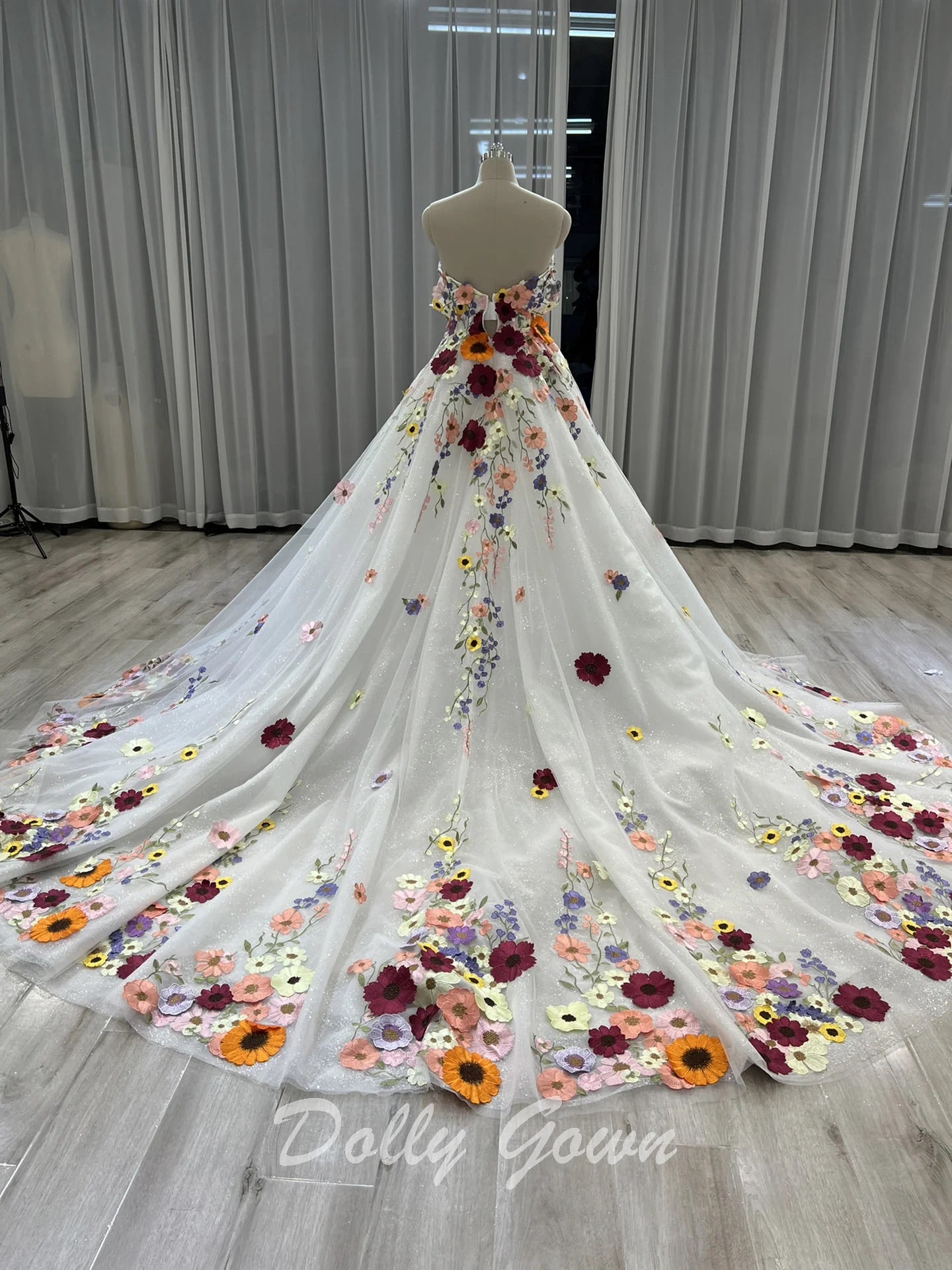Romantic Fairy Tulle 3D Floral Colorful Wedding Dress - DollyGown
