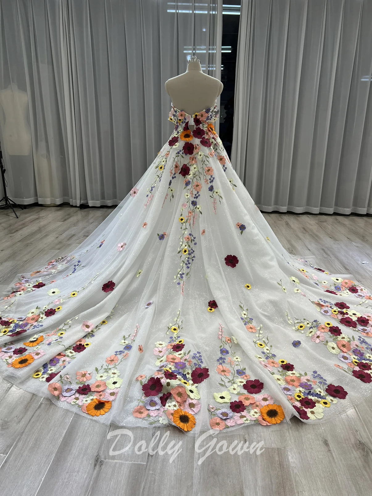 Romantic 3D Floral Tulle Floor-Length Evening Dress Fuchsia Sweetheart Sleeveless for Women main image 0
