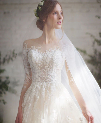 Romantic Long Sleeves Lace Tulle Wedding Dress - DollyGown