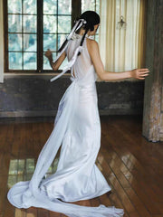 Rose Flower Halter Neck Fit and Flare Silk Dress for Wedding - Dolly Gown