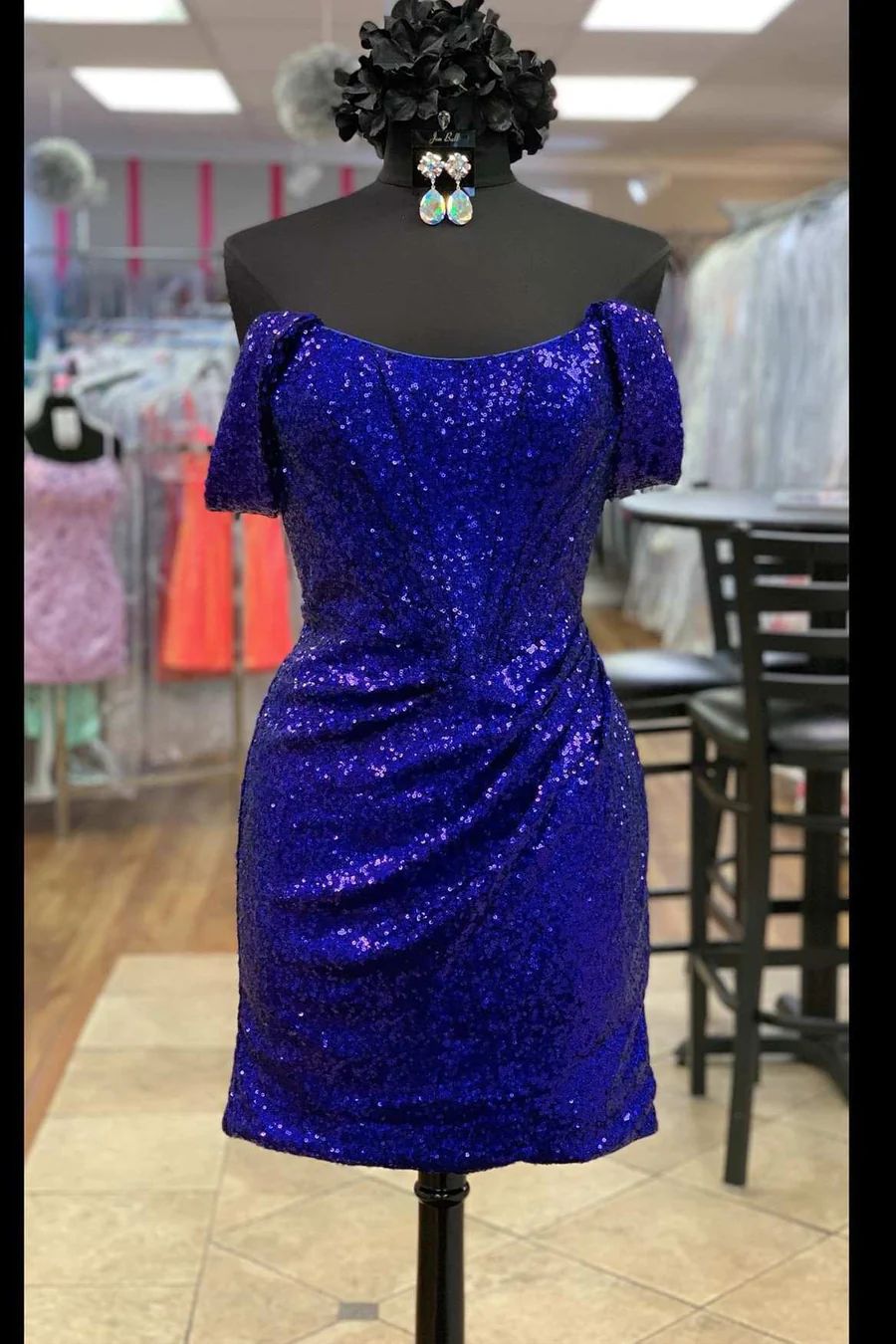 Round Neck Off Shoulder Sequin Homecoming Dress - DollyGown