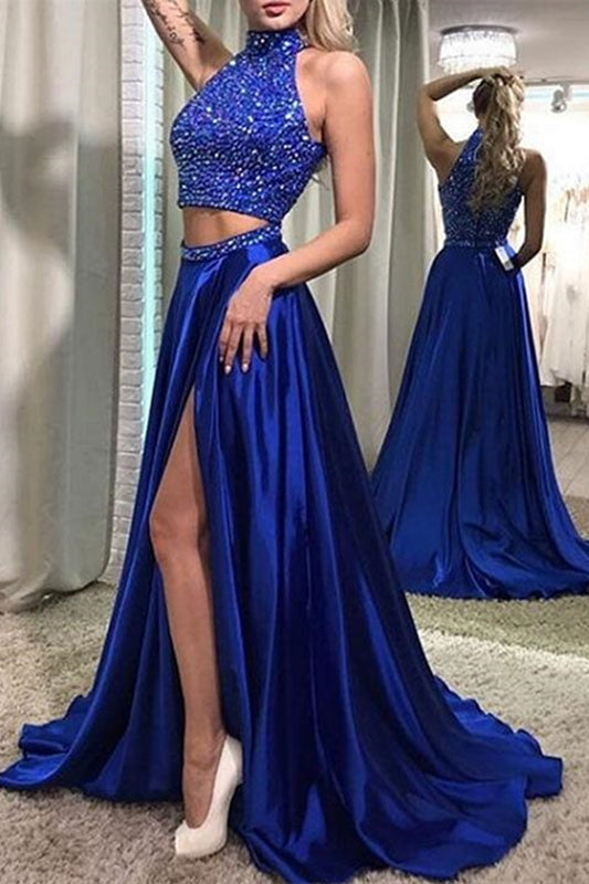 Royal Blue Halter Neck Two Piece Bead Prom Dress - DollyGown