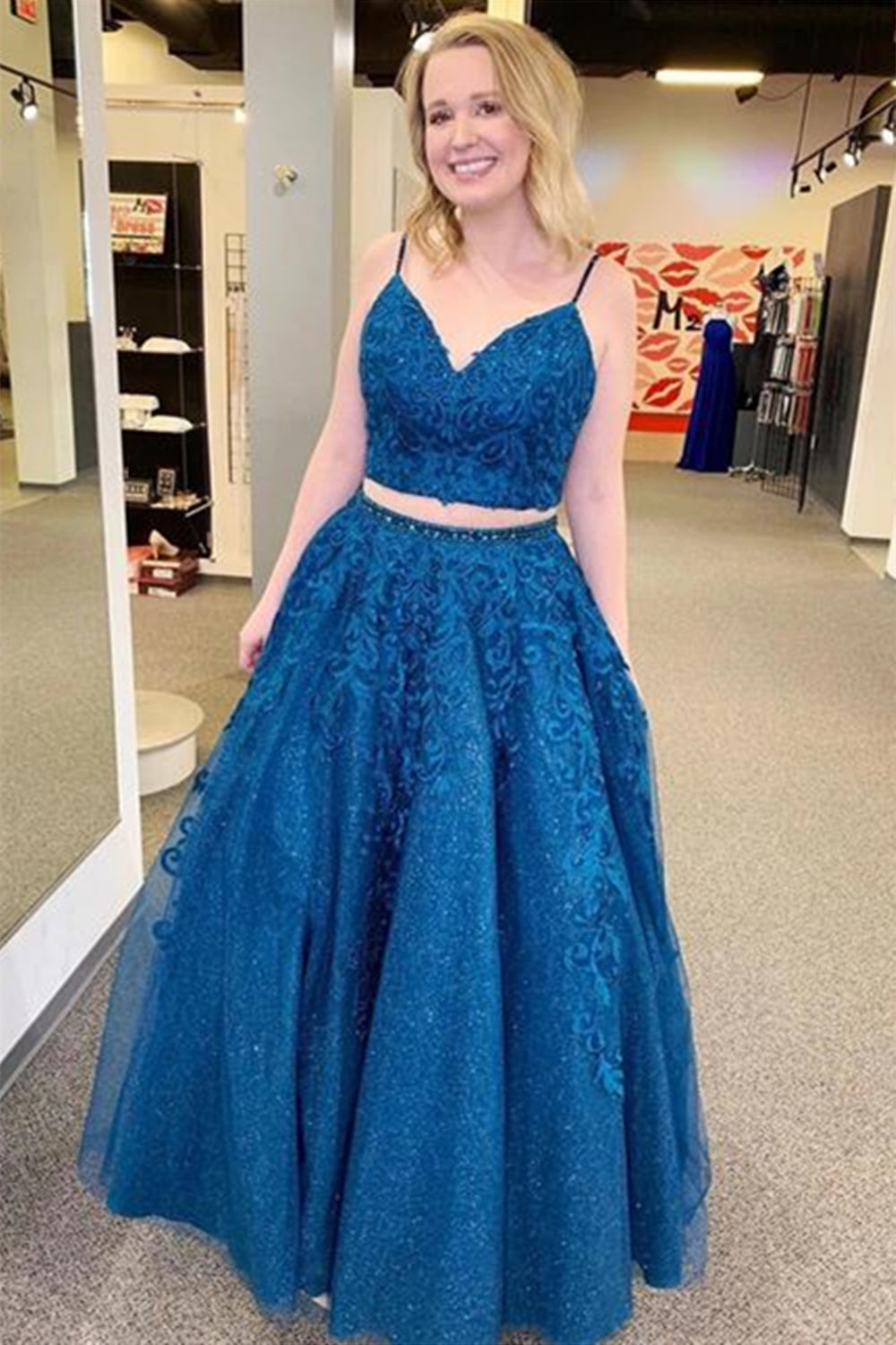 Royal Blue Spaghetti Strap Lace Two Piece Long Prom Dress - DollyGown