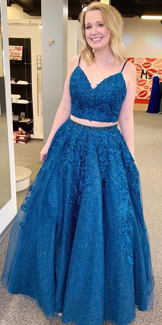 Royal Blue Spaghetti Strap Lace Two Piece Long Prom Dress Royal Blue Spaghetti Strap Lace Two Piece Long Prom Dress
