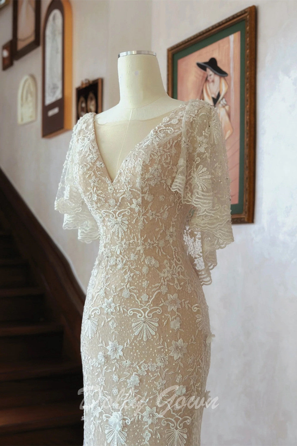 Ruffle Cap Sleeves Mermaid Lace Wedding Dress - DollyGown