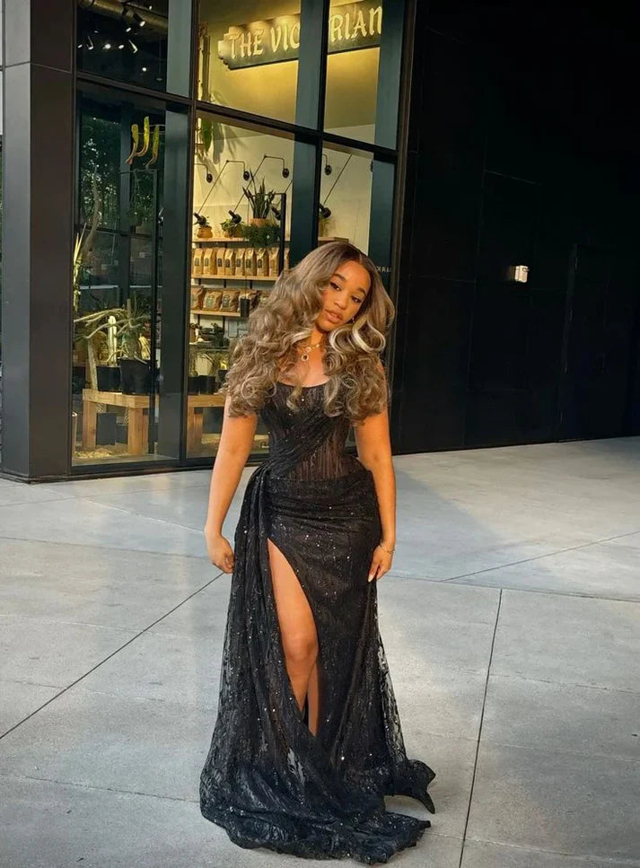 Black Long Prom Dress with Slit and Strapless Evening Gown